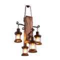 Rustic Wood Block & Iron 4 Lamp Pendant Chandelier