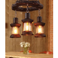 Round Rustic Wood & Iron 3 Lamp Pendant Chandelier - cd67