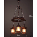 Round Rustic Wood & Iron 3 Lamp Pendant Chandelier - cd67