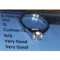 0.7520ct Diamond engagement ring, 18ct White Gold * Certified Cushion Cut Diamond *