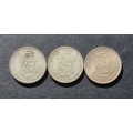 Lot of 3 20c coins 1962, 1963 and 1964 (50% silver)