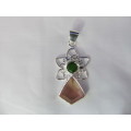 Fine Jewellery, Silver Pendant, Green And Peach Stone, Stamped 925, Size 45mm x 25mm