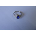 Fine Jewellery, Ring, Silver, Stamped 925, Blue Rhinestone 12mm, Ring Size 17,25mm