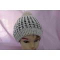 Handmade / Homemade Knitted Wool Beanie, Off White And Navy Blue, 1pc