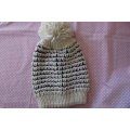 Handmade / Homemade Knitted Wool Beanie, Off White And Navy Blue, 1pc
