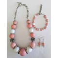 Pink Wooden Bead Set, Necklace With Nickel Chain ±48cm, Bracelet and Earrings