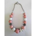 Pink Wooden Bead Set, Necklace With Nickel Chain ±48cm, Bracelet and Earrings