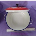 Vintage Enamelware Rice Dish With Lid, White With Red Flower Design, Cond 8/10, Bumper Harvest China