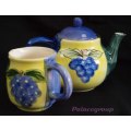 Tea Pot and Milk Jug, Shades Of Blue, Yellow and Green With Fruit Decoration, Glazed, See Photos....