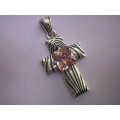 Pendant, Cross With Pink Rhinestone, Nickel Antiqued, 60mm x 30mm, 1pc