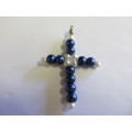 Pendant, Cross, Beaded, Blue And White, 56mm x 38mm, 1pc