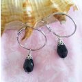 Earrings, Nickel Hoops With Black Facetted Crystal Beads, Size 42mm, 2pc