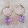 Earrings, Nickel Hoops With Purple Heart Crystal Beads, Size 43mm, 2pc