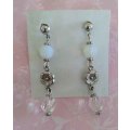 Earrings, Clear And Milky White Crystal Beads On Nickel Studs, 55mm, 1 Pair