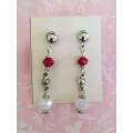 Earrings, Red And Milky White Facetted Crystal Beads On Nickel Studs, 40mm, 1 Pair