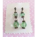 Earrings, Green Facetted Crystal Beads On Bronze Studs, 40mm, 1 Pair