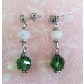 Cristia Earrings, Milky White And Green Crystal Beads With Nickel Studs, 35mm, 1 Pair