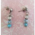 Cristia Earrings, Milky White And Blue Crystal Beads With Nickel Studs, 30mm, 1 Pair