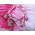 Cheri Bracelet, Chain With Ribbon And 4 Charms, Toggle Clasp, Nickel, Pink, 18cm, 1pc