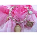 Cheri Bracelet, Chain With Ribbon And 5 Charms, Toggle Clasp, Nickel, Pink And Beige, 18cm, 1pc