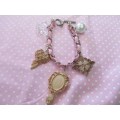 Cheri Bracelet, Chain With Ribbon And 5 Charms, Toggle Clasp, Nickel, Pink And Beige, 18cm, 1pc