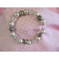 Perrine Bracelet, Beige Faux Pearl And Clear Crystals, 60mm, Nickel, 1pc