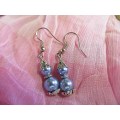 Perrine Earrings, Glass Pearls, Blue With Nickel, 40mm, 2pc