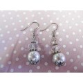 Perrine Earrings, White Glass Pearls With Clear Crystal Beads, Nickel, 40mm, 2pc