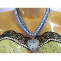 Perrine Necklace, Blue Glass Pearls With Velvet Leather Cord And Chain, 46cm, Toggle Clasp, 1pc
