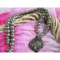 Perrine Necklace, Glass Pearls With Metal Pendant, Green, 46cm, Toggle Clasp, 1pc