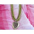 Perrine Necklace, Glass Pearls And Velvet Leather Cord With Metal Heart Pendant, Olive, 46cm, 1pc