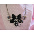 Burtell Necklace, Black With Clear Rhinestones With Grey Faux Pearl, 42cm With 6cm Extender, Nickel
