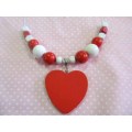 Burtell Necklace, Wooden Beads With Wooden Heart On Wire, Red And White, 45cm