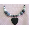 Burtell Necklace, Wooden Beads With Wooden Heart On Wire, Black, White And Grey, 45cm