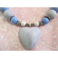 Burtell Necklace, Wooden Beads With Wooden Heart On Wire, White And Blue, 45cm