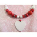 Burtell Necklace, Wooden Beads With Wooden Heart On Wire, White And Red, 45cm