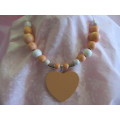 Burtell Necklace, Wooden Beads With Wooden Heart On Wire, Peach And White, 45cm