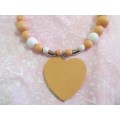 Burtell Necklace, Wooden Beads With Wooden Heart On Wire, Peach And White, 45cm