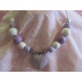 Burtell Necklace, Wooden Beads With Wooden Heart On Wire, Lilac And White, 45cm