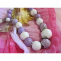 Burtell Necklace, Wooden Beads, Lilac And White, 47cm With Toggle Clasp, 1pc