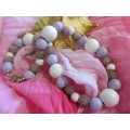 Burtell Necklace, Wooden Beads, Lilac And White, 48cm With Box Clasp, 1pc