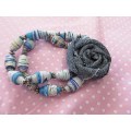 Cheri Bracelet, Double Strand With Denim Flower And Handmade Beads, Shades Of Blue, On Elastic, 1pc