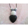 Cheri Necklace, White And Grey Wooden Beads With Black Wooden Pendant, 47cm And 5cm Extender