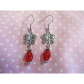 Cristia Earrings,  Nickel Butterfly With Red Crystal Beads, 50mm, 1 Pair