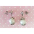 Perrine Earrings, Cream Glass Pearls With Nickel Studs, 26mm, 1 Pair