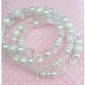 Perrine Bracelets, White Glass Pearls, White And Clear Crystal Beads On Memory Wire, 4 Bands, 70mm