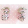 Riza Earrings, Hoops With Pink Rhinestone Ball, Antique Nickel, Pretty Woman Design, 27mm, 1 Pair