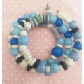 Cheri Bracelet,  White Blue And Grey Wooden Beads On Memory Wire, 3 Strands, Diameter 6.5cm, 1pc