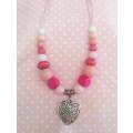 Cheri Necklace,  Pink And White Wooden Beads With Nickel Heart Pendant On Wax Cord, 1pc