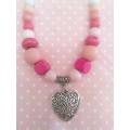 Cheri Necklace,  Pink And White Wooden Beads With Nickel Heart Pendant On Wax Cord, 1pc